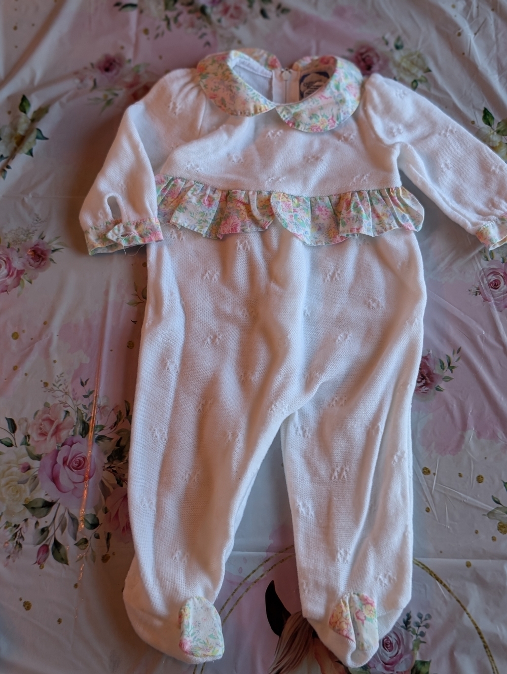 Vintage  White Footed One-Piece with Pastel Floral Trim